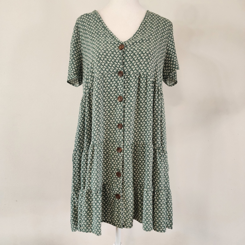Ces Femme Pattern Button Front Short Sleeve Tunic Mini Dress S - Picture 1 of 9